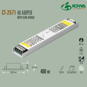 Cata CT-2571 Gold 40 Amper Şerit Led Trafosu (480W) (Süper Slim Fansız)