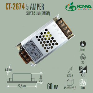 Cata CT-2674 5 Amper Şerit Led Trafosu 60W Süper Slim Fansız