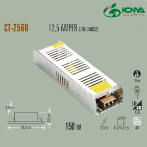 Cata CT-2560 12,5 Amper Şerit Led Trafosu (150W) (Slim-Fansız)