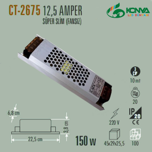 Cata CT-2675 12,5 Amper Şerit Led Trafosu 120W Süper Slim Fansız