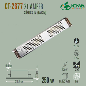 Cata CT-2677 21 Amper Şerit Led Trafosu 250W Süper Slim Fansız