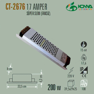 Cata CT-2676 17 Amper Şerit Led Trafosu 200W Süper Slim Fansız