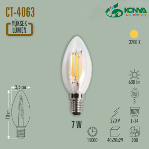 CATA CT-4063G 7W Led Filament Düz Buji Ampul E14 Günışığı