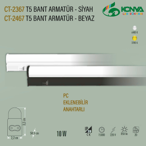 Cata CT-2367B 10W T5 Ledli Bant Armatür Siyah Kasa 