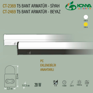 Cata CT-2369B 20W T5 Ledli Bant Armatür Siyah Kasa 