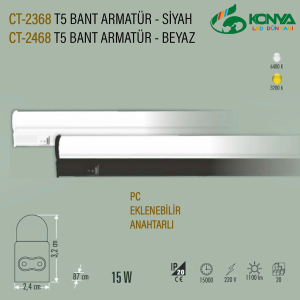CATA CT-2368B 15W T5 Ledli Bant Armatür Siyah Kasa 