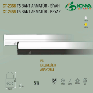 Cata CT-2366B 5W T5 Ledli Bant Armatür Siyah Kasa 