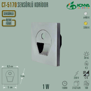 Cata CT-5170FB 1W Sensörlü Ledli Koridor Armatürü Füme Kasa Beyaz