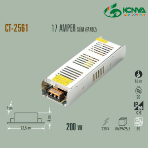 Cata CT-2561 17 Amper Şerit Led Trafosu (200W) (Slim-Fansız)
