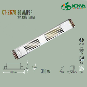 Cata CT-2678 30 Amper Şerit Led Trafosu 360W Süper Slim Fansız