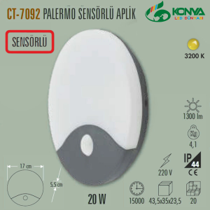 Cata CT-7092 20W Palermo Sıva Üstü Led Armatür Sensörlü 4000K