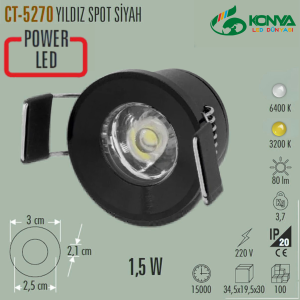 Cata CT-5270Siyahb 1,5W Yıldız Spot Power Ledli Siyah Kasa Beyaz