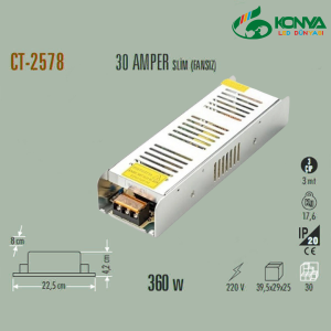Cata CT-2578 30 Amper Şerit Led Trafosu (360W) (Slim-Fansız)