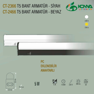 Cata CT-2366B 5W T5 Ledli Bant Armatür Siyah Kasa Beyaz Işık